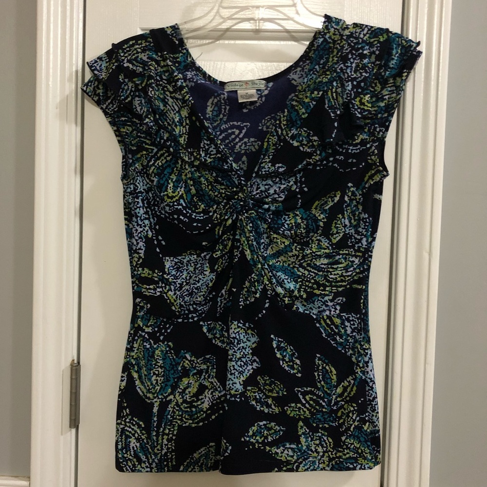 Blue and green blouse w beautiful ruffle details